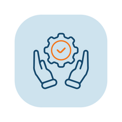 An icon of hands encircling an orange check mark to show advice and support
