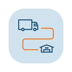 Icon of a delivery truck and house connected by an orange line, showing delivery and installation