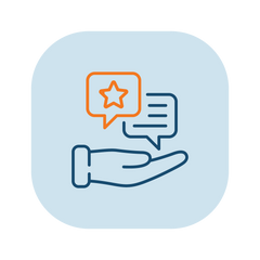 Expert advice icon featuring a dark blue hand holding a speech bubble with a star inside