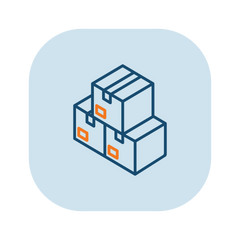 An icon of a stack of boxes with dark-blue outline representing a wide product range and stock availability