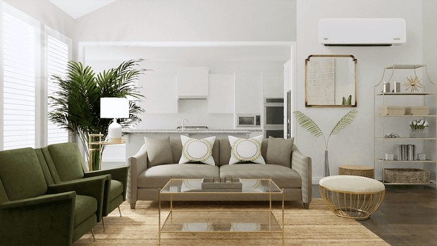 Open kitchen and living room with a wall-mounted air conditioner unit