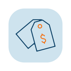 Icon of two price tags with an orange dollar sign, representing trade pricing