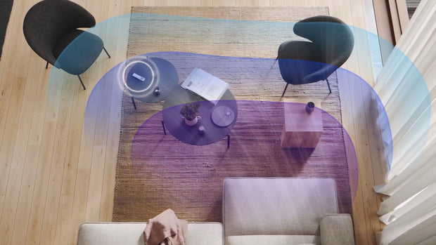 Birds view of a minimalistic living room with cooling lines showcasing the reach of an air conditioner unit